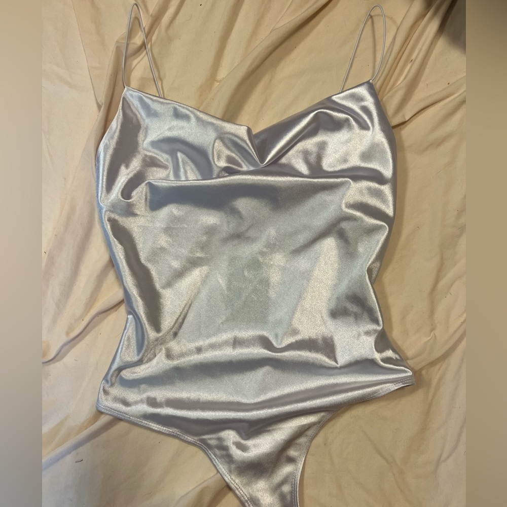 NWT Silver-White Shiny Bodysuit with Cowl Neck F21